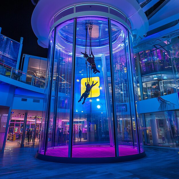 Photo the glass indoor bungee jumping pod on the cruise ship with two people skydiving inside it is illu