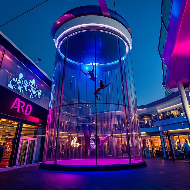 Photo the glass indoor bungee jumping pod on the cruise ship with two people skydiving inside it is illu