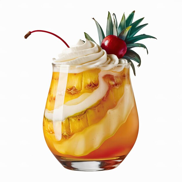 Photo the glass is filled with a swirling blend of pineapple chunks and vibrant creamy coconut garnished