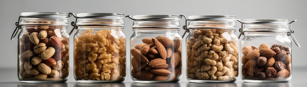 A glass jar of almonds sits on a table.