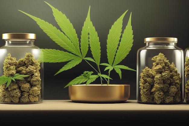 A glass jar of cannabis sits on a table next to a gold bowl with a plant in it