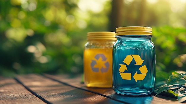 Photo glass jar featuring the universal recycling symbol symbolizing sustainability and environmental con