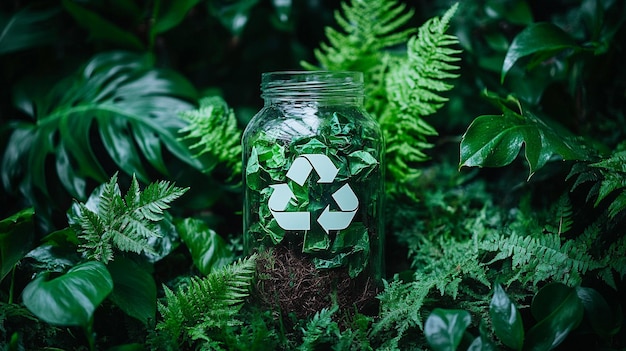 Photo glass jar featuring the universal recycling symbol symbolizing sustainability and environmental con