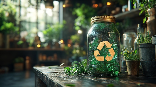 Photo glass jar featuring the universal recycling symbol symbolizing sustainability and environmental con