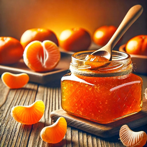 A glass jar filled with amber mandarin jam sits on a wooden table