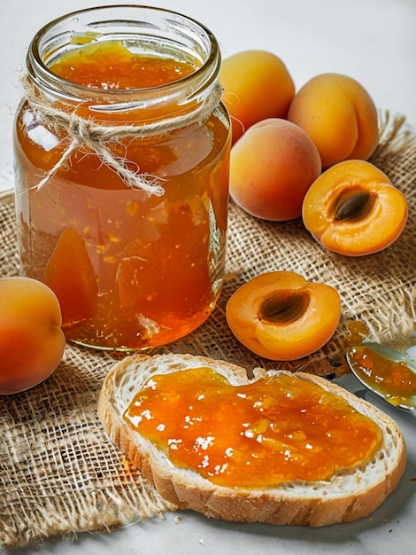 Photo a glass jar filled with apricot jam placed on a piece of burlap next to it is a slice of bread