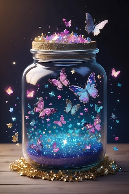 A glass jar filled with butterflies and glitters on a wooden table