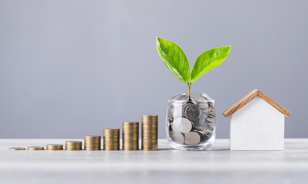 Photo glass jar filled with coins and a small seedling in the center with stacked coins arranged from smallest to largest and a wooden house model on a table saving for house and financial growth