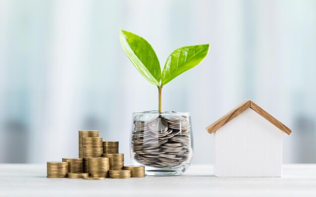 Photo glass jar filled with coins and a small seedling in the center with stacked coins arranged from smallest to largest and a wooden house model on a table saving for house and financial growth