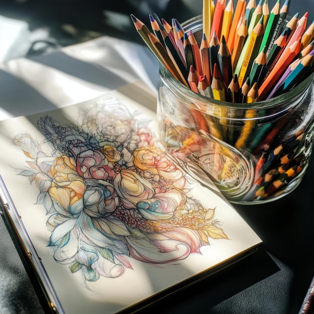 A glass jar filled with colored pencils next to an open sketchbook with detailed doodles and shading v 61 Job ID 14ffaeb23a6043c9b2613487e68d4d36