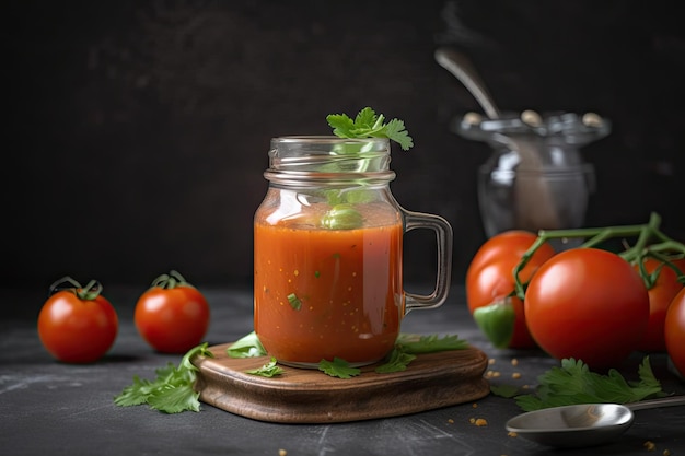 Glass jar filled with gazpacho ready to be served