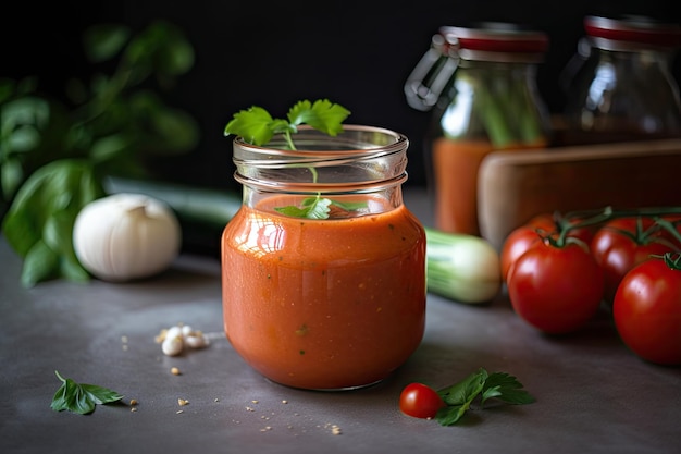 Glass jar filled with gazpacho ready to be served