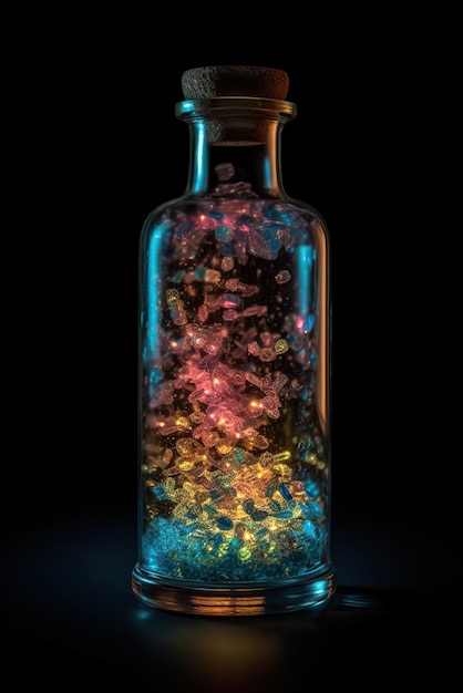 A glass jar filled with lots of colorful rocks AI generative image