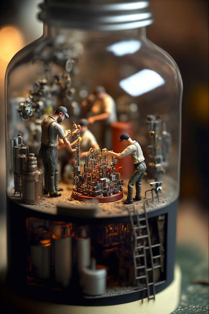 Glass jar filled with miniature figurines sitting on top of a table generative ai