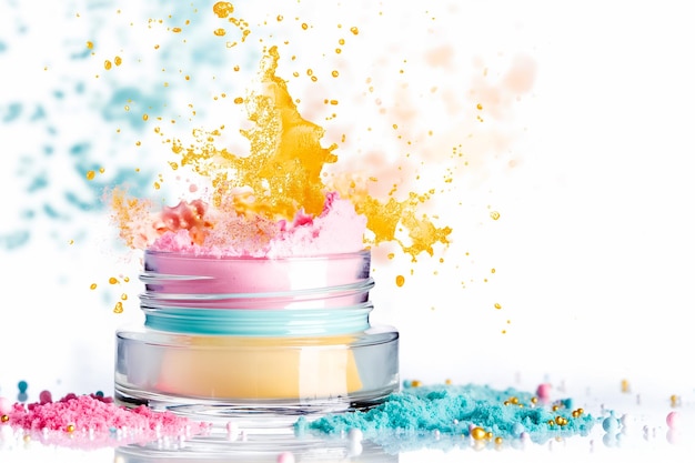 A glass jar filled with vibrant pastel powders stands at the center emitting colorful bursts of pink yellow and blue in a creative and playful studio setting