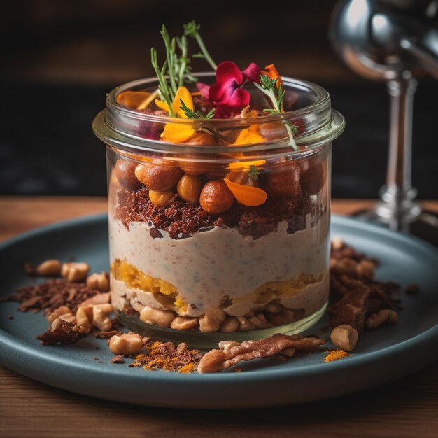 A glass jar of food with a spoon on top of it.