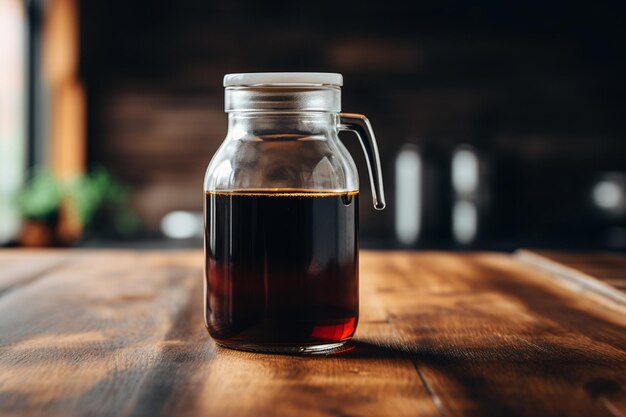 Photo a glass jar of homemade cold brew coffee on a rustic kitchen table