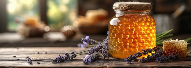 glass jar of honey with a honeycomb pattern on wooden table surrounded by sprigs of lavender