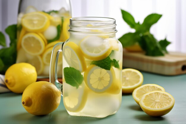 A glass jar of lemonade with lemon slices and mint leaves on a green table.