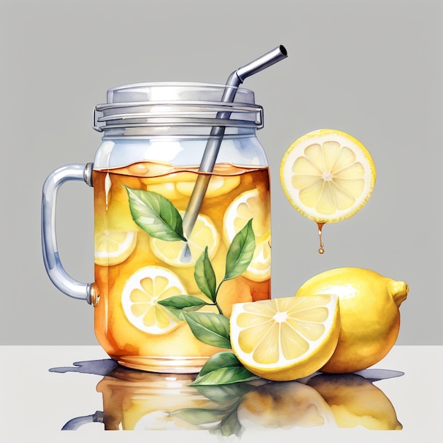 a glass jar of lemonade with lemons and lemons