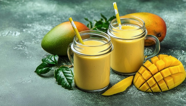 Photo a glass jar of mango juice next to two jars of mango juice