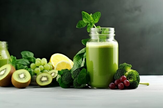 Glass jar mugs with green health smoothie kale leaves lime apple kiwi grapes banana avocado lettuce