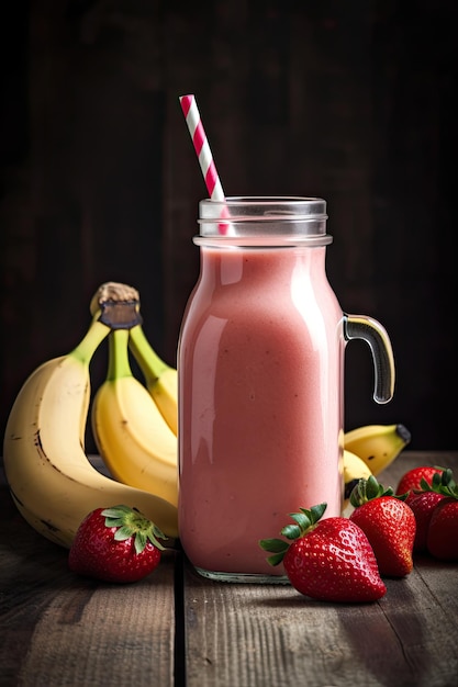 A glass jar of strawberry smoothie with a red and white straw.