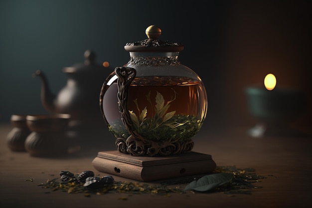 A glass jar of tea with leaves on it