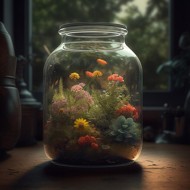 a glass jar terrarium filled with flowering plants highly detailed