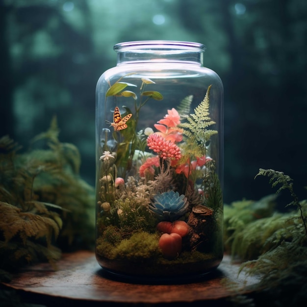 A glass jar terrarium filled with many flowering plants