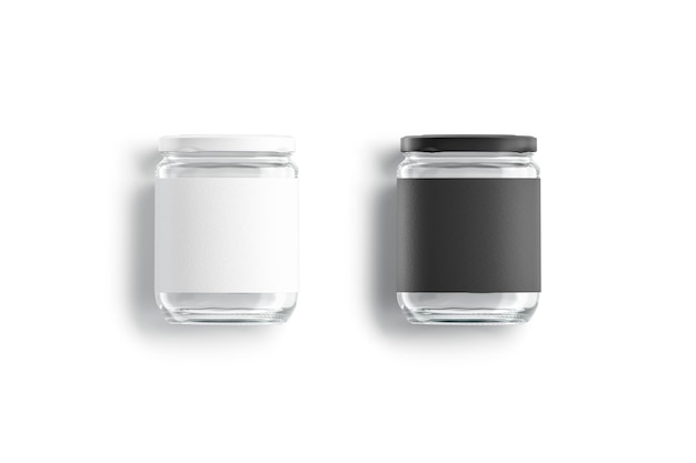 Glass jar with black and white label mockup. Conservation transparent tin mock up. Screw bank.