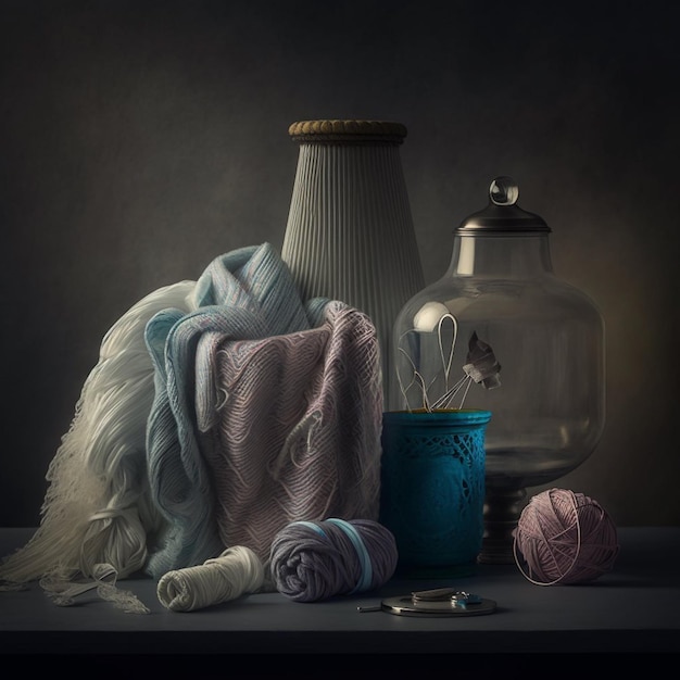 A glass jar with a blue jar of yarn and a white scarf.