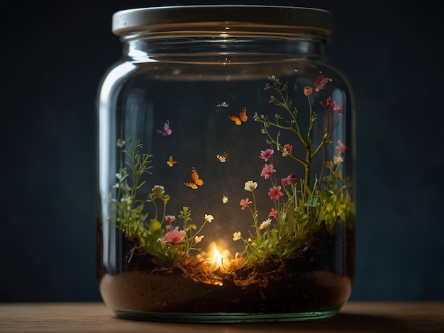 a glass jar with butterflies on it and a candle in it