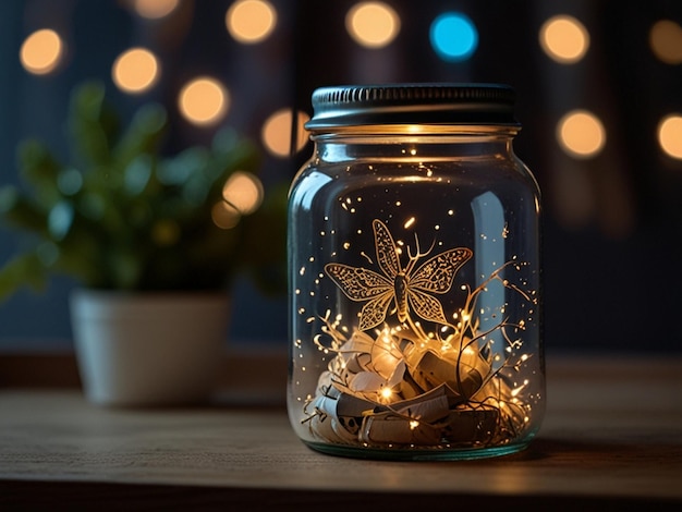 a glass jar with a butterfly on it and a flower in the middle