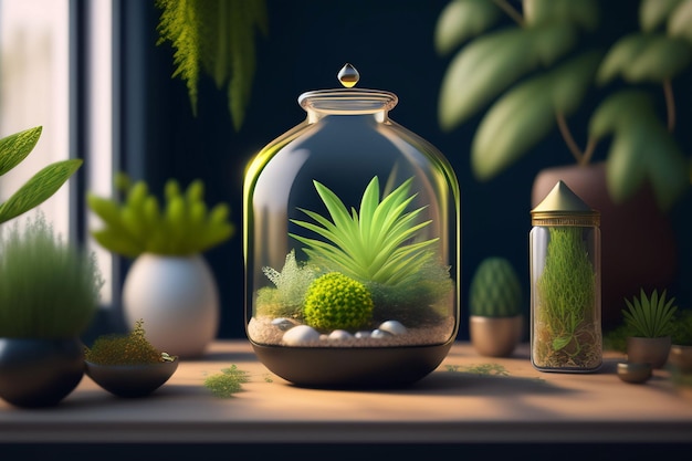 A glass jar with a cactus inside sits on a table.