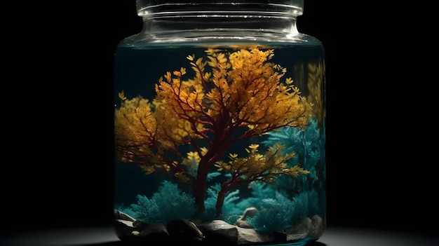 A glass jar with a coral tree inside