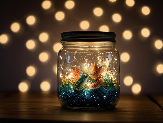 a glass jar with fish in it and a string of lights behind it