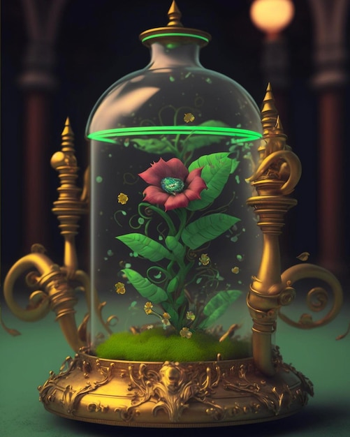 A glass jar with a flower inside of it.