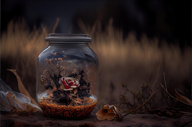 Glass jar with flower in nature