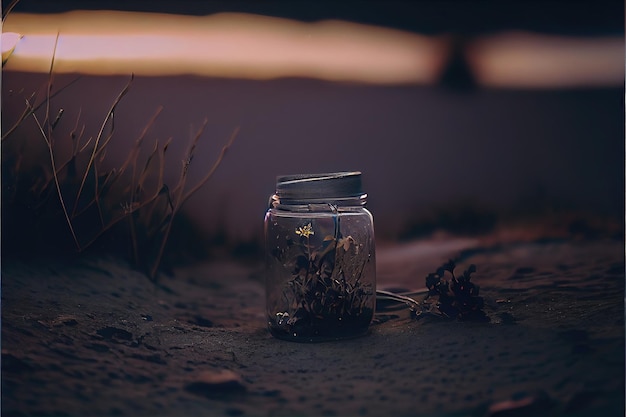 Glass jar with flower in nature