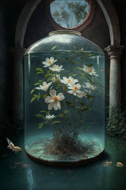 Glass jar with flowers inside of it generative ai