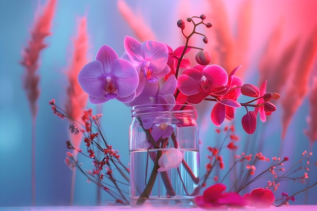 a glass jar with flowers and a vase with water in it