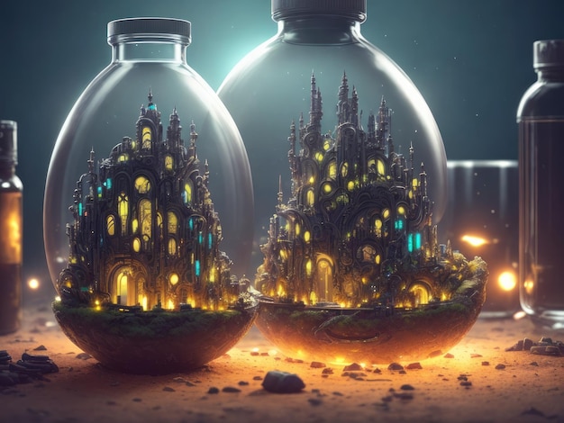 A glass jar with a futuristic city inside that says fire town