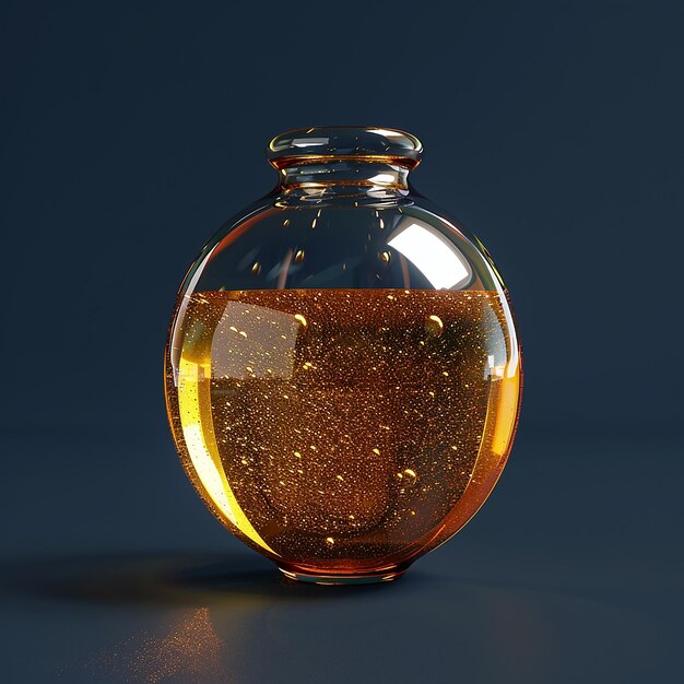 Photo a glass jar with gold liquid inside is on a gray background