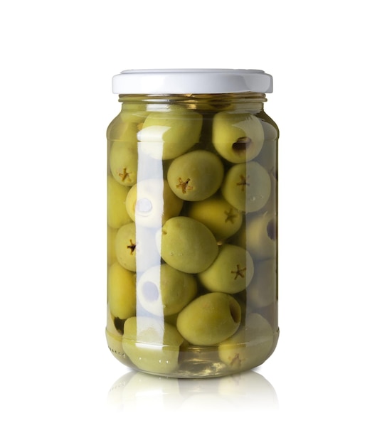 Glass jar with green olives preserved Canning supply food Isolated on white background