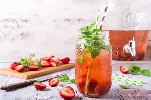 Glass jar with homemade strawberry compote