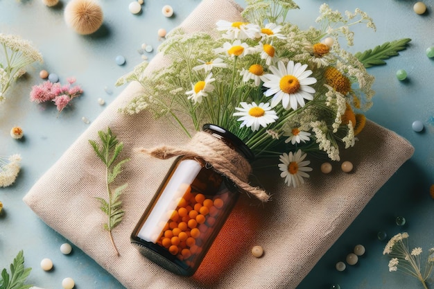 Glass jar with homeopathic globules and natural chamomile flowers on background