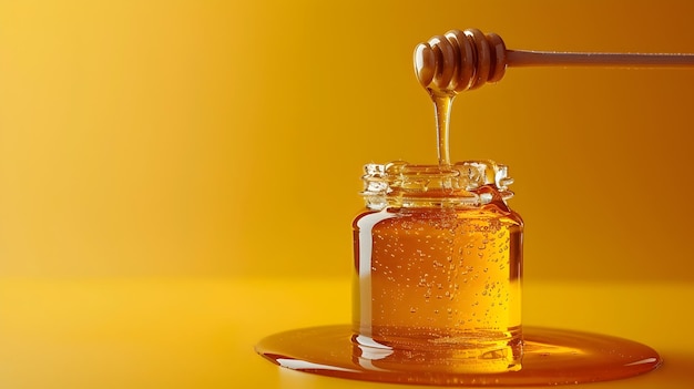 Glass Jar with Honey Drizzle and Stirring Stick on Solid Background