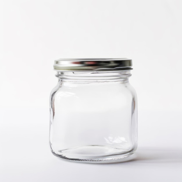 Glass jar with metal lid on white surface with white background Generative AI