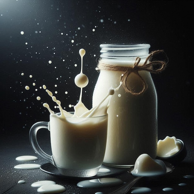 a glass jar with milk and a jar of milk with a straw in it